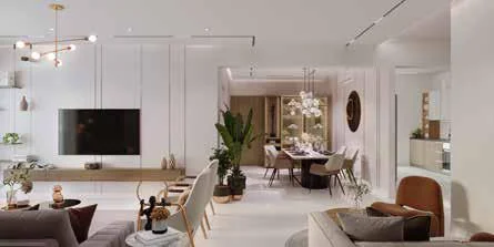 Living room with orange sofa and wooden partition